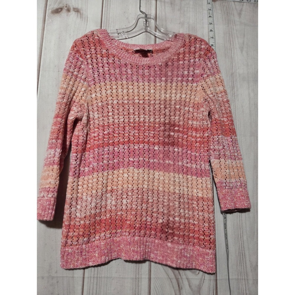 Christopher & Banks Pink Orange Striped Open Knit Sweater 3/4 Sleeve Small